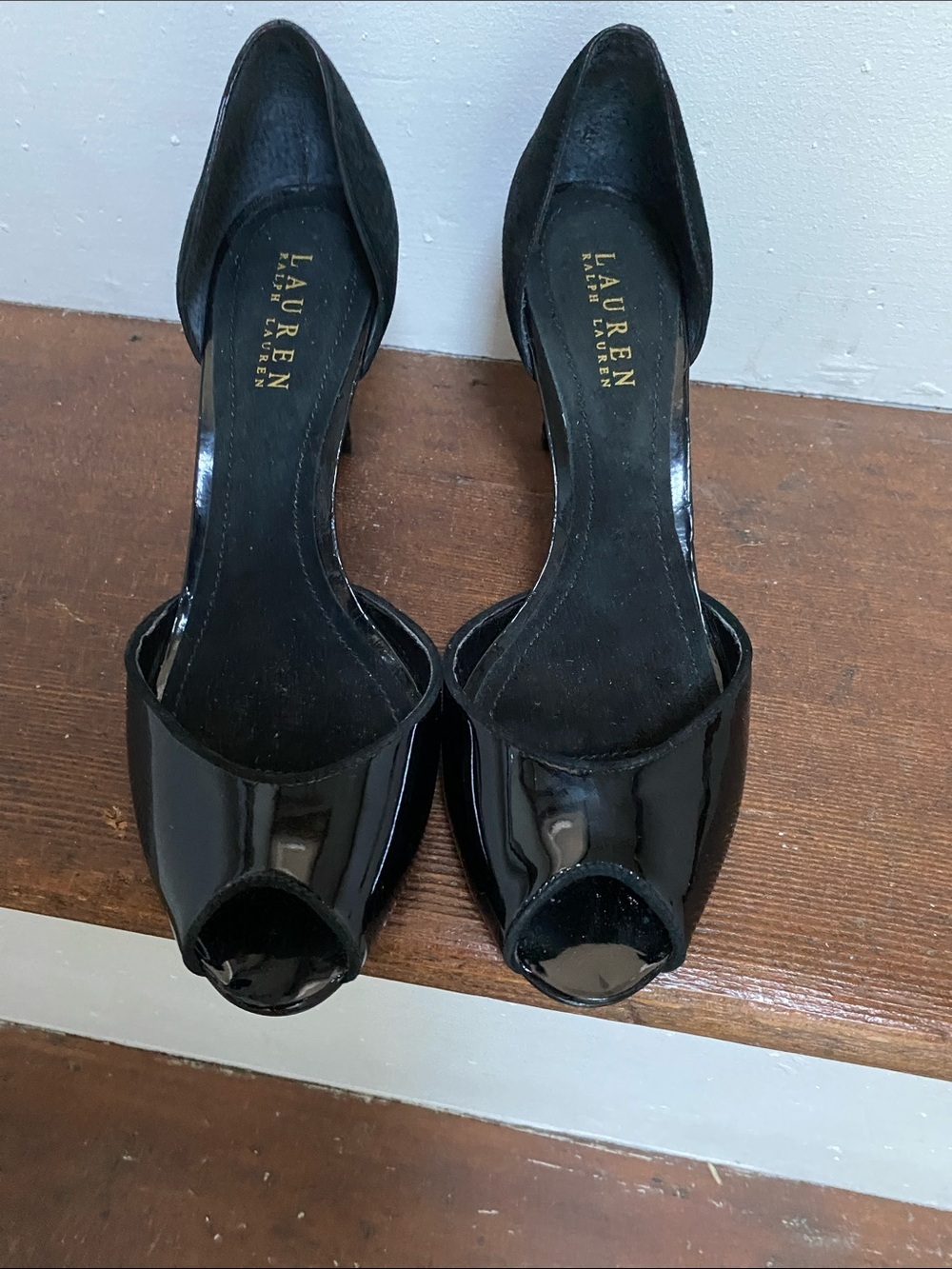 Lauren Ralph Lauren Black Patent Peep Toe D'Orsay Heels, Size 8 - Picture 2 of 8